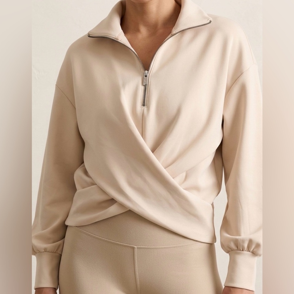 ADAY WITH A TWIST PULLOVER Quarter Zip Scuba Sweatshirt Sand Small